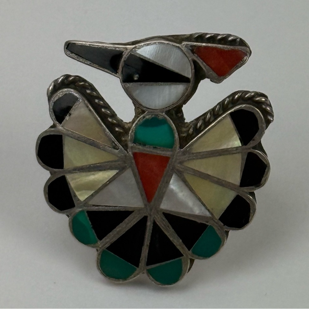 Vintage Indian Multicolor Turquoise Silver Bird Design Ring